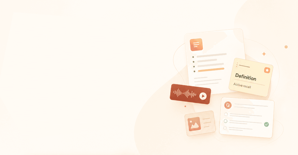 Notes, flashcards, Q&A, and mind maps floating together